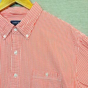 Lands End Men Sail Rigger Red Seersucker Short Sleeve Button Down Shirt XLT Tall